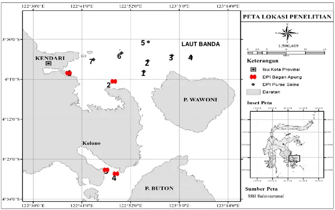 Gambar 1  Lokasi penelitian daerah penangkapan ikan dengan light fishing  Tabel 1  Jenis plankton di daerah penangkapan ikan dengan light  fishing 
