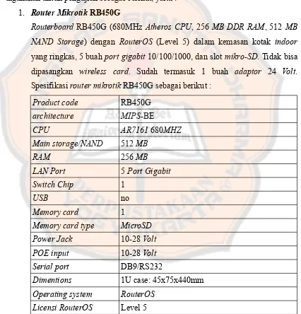 Tabel 3.1  Spesifikasi Router Mikrotik RB450G