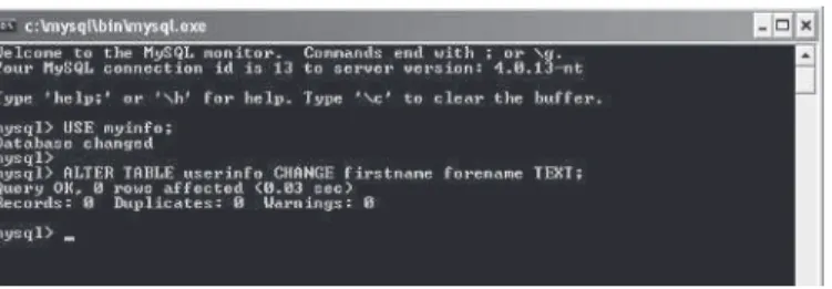 Figure 2-13 Modifying a column name Figure 2-14 Description of the updated userinfo table Figure 2-15 Now the age column is of type INT rather than TINYINT.