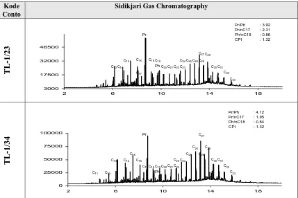 Gambar 5. Sidikjari Gas Chromatography Ekstrak Bitumen dan Minyak  Yang Tersingkap di Permukaan  