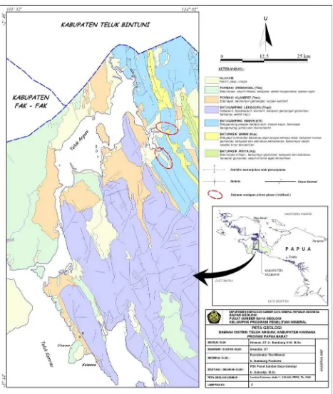 Gambar 4. Peta Geologi dan Lokasi Endapan Zirkon Daerah Distrik Teluk Arguni dan Sekitarnya,  Kabupaten Kaimana, Provinsi Papua Barat 