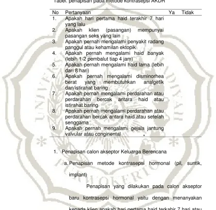 Tabel. penapisan pada metode kontrasepsi AKDR  