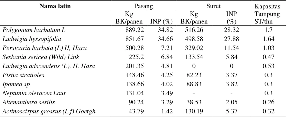 Tabel 2.  Produksi bahan kering, indek nilai penting dan  kapasitas tampung  tumbuhan rawa pada musim pasang dan surut 