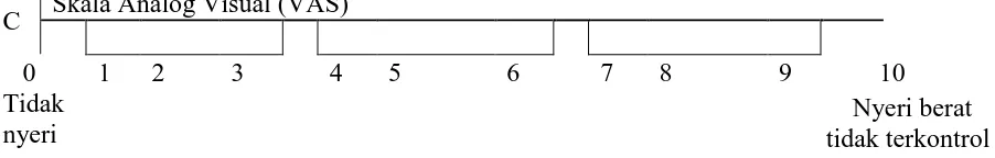 Gambar 1. Contoh Skala Nyeri A. Skala Nyeri Numerik, B. Skala Nyeri Deskriptif C. Skala Analog Visual (VAS) (Suddarth & Brunner dalam Smeltzer, 2001, hal