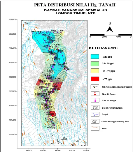 Gambar 7. Peta Distribusi Nilai Hg Tanah Daerah Panas Bumi Sembalun,  Lombok Timur, NTB 
