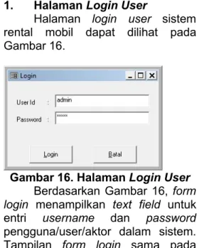 Gambar 16. Halaman Login User Berdasarkan Gambar 16, form login menampilkan text field untuk entri username dan password pengguna/user/aktor dalam sistem.