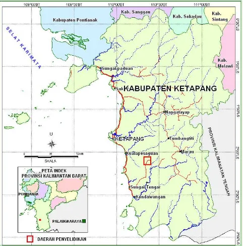 Gambar 1.   Peta lokasi kegiatan eksplorasi umum Zirkon di daerah Kecamatan Kendawangan,  Kabupaten Ketapang, Provinsi Kalimantan Barat