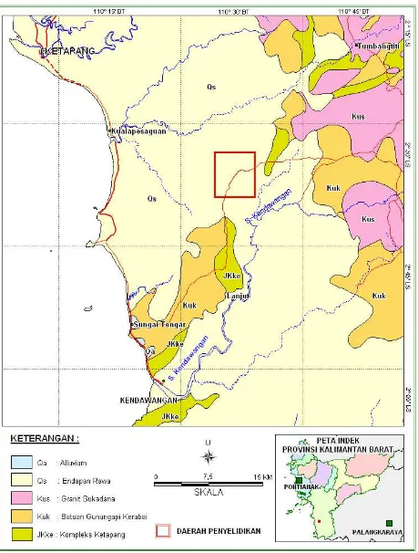 Gambar 2. Peta Geologi daerah Kecamatan Kendawangan dan Sekitarnya, Kabupaten Ketapang, Provinsi Kalimantan Barat