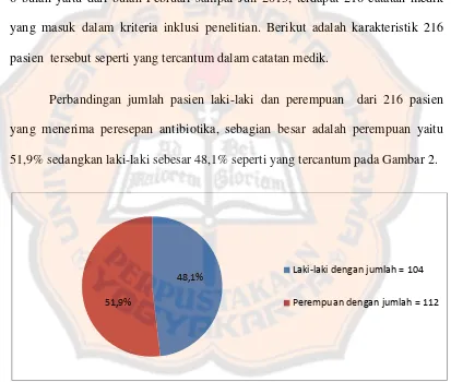 Gambar 2. Perbandingan Jumlah Pasien Anak Laki-Laki dan Perempuan yang Menerima Antibiotika di Bangsal Anak Rumah Sakit Panti Nugroho Periode Februari sampai Juli 2013