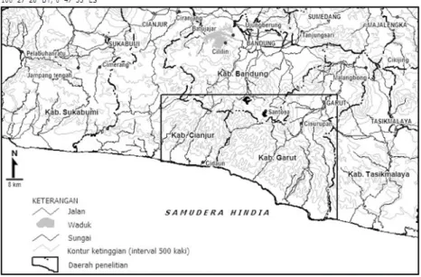 Gambar 1. Lokasi daerah penelitian di wilayah Cianjur dan Garut bagian selatan.