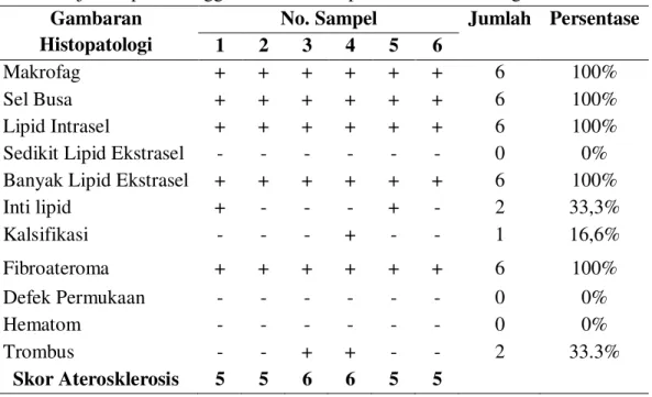 Tabel  4.1  memperlihatkan  gambaran histopatologi arteri koroner  Rattus novergicus strain Wistar jantan  pada minggu ke-12 setelah pemberian  diet  aterogenik  berupa  gambaran  makrofag, sel busa, lipid intrasel otot  polos,  lipid  ekstrasel  otot  pol