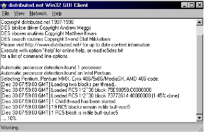 GAMBAR 2.2. Contoh peragaan client distributed.net untuk Windows 95