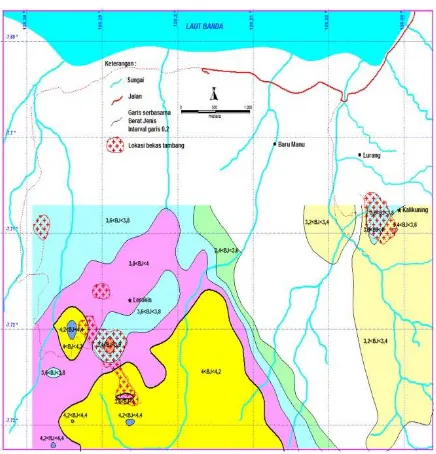 Gambar 3. Peta sebaran distribusi kandungan mineral barit di daerah penyelidikan 