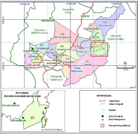 Gambar 1.  Peta lokasi daerah bahasan di daerah Sungaipinang, Kabupaten Banjar, Provinsi Kalimantan Selatan