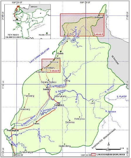 Gambar 1.  Peta lokasi keterdapatan endapan zirkon di daerah Kecamatan Paloh, Kabupaten Sambas, Provinsi Kalimantan Barat