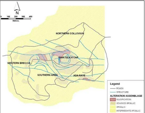 Gambar 3. Peta sebaran alterasi batuan Bukit Seruyung (PT. Sago Prima Pratama, 2009) 