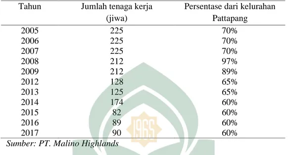 Tabel 4.6 Data jumlah tenaga kerja pada PT. Malino Highlands yang  terserap dari tahun 2005-2017 