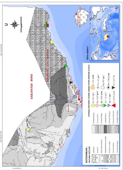 Gambar 5.13. Peta Geologi dan Zona Anomali Geokimia Unsur Logam Kabupaten Buru 