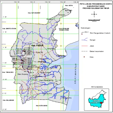 Gambar 3  . Peta lokasi pengambilan conto di Kabupaten Paser, Prov. KalTim 