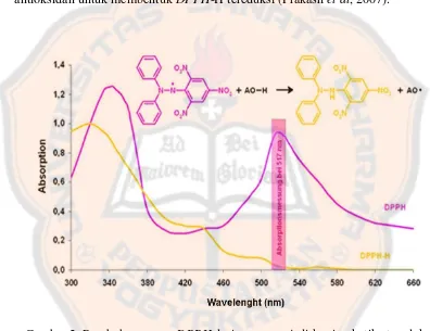 Gambar 2. Perubahan warna DPPH dari ungu menjadi kuning ketika tereduksi oleh senyawa antioksidan (Perez and Aguilar, 2013) 