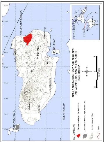 Gambar  3.3.  Peta Sebaran Bauksit dan Bijih besi di Pulau Baruk dan Pulau Penuba  Kabupaten Lingga  
