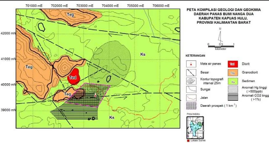 Gambar 10.  Peta kompilasi geologi dan geokimia daerah panas bumi Nanga Dua, Kabupaten 