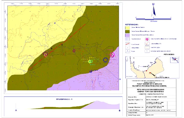 Gambar 3. Peta Geologi dan mineralisasi daerah Topo dan sekitarnya, Kabupaten Nabire
