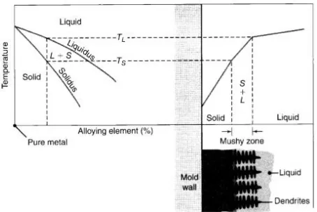 Gambar 2.9 distribusi tempratur pada pembekuan logam (Kalpakjian, 2009). Ilustrasi skema solidifikasi pada paduan dan  