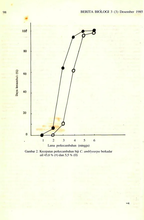 Gambar 2. Kecepatan perkecambahan biji C. amblyearpa berkadar ail 45,6 % (•) dan 5,5 % (0)