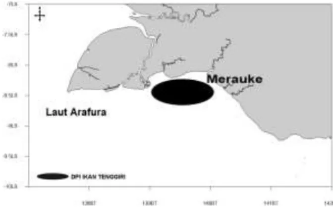 Gambar 2.   Daerah penangkapan ikan tenggiri  Papua (S. multiradiatus) di perairan  Merauke dan sekitarnya