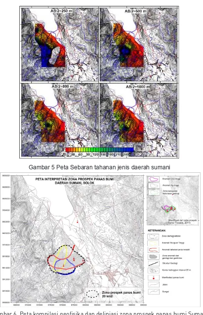 Gambar 6. Peta kompilasi geoﬁsika dan deliniasi zona prospek panas bumi Sumani