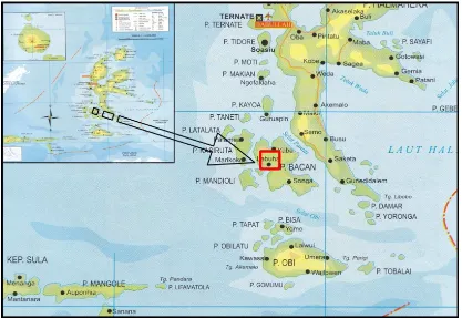 Gambar 2. Peta Geologi Regional Daerah Halmahera dan Sekitarnya.              (diadopsi dari Peta geologi Lembar Bacan, Aswan Yasin 1980) 
