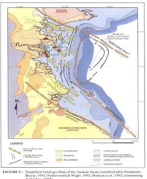 Gambar 2 Peta geologi regional Cekungan Tarakan (Pertamina-BPPKA, 1996).