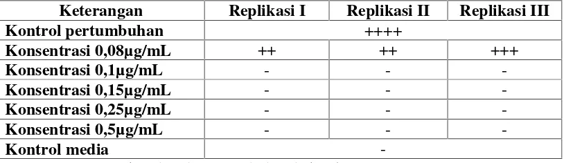 Tabel II. Hasil penentuan KHM sebelum perlakuan resistensi