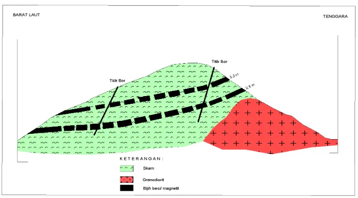 Gambar 3. Sketsa Penampang Geologi dan mineralisasi galena di wilayah Kecamatan Tapango, Kabupaten Polewali Mandar, Provinsi Sulawesi Barat
