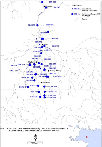 Gambar 7. Peta Lokasi Conto dan Anomali Unsur Hg Dalam  Sedimen Sungai Aktif