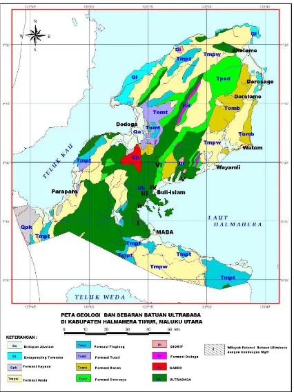 Gambar  2. Peta Geologi dan Sebaran Batuan Ultrabasa di Kab. Halmahera Timur, Prov.  Maluku Utara