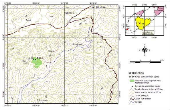 Gambar 1. Peta Sebaran Endapan Batuan Pembawa Fosfat Sedimenter di Ds. Supul, Kecamatan Kuatnana, Kabupaten Timor Tengah Selatan, Provinsi Nusa Tenggara Timur