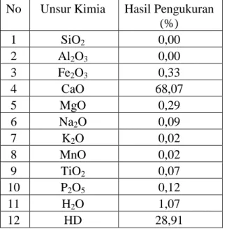 Tabel V.3. Unsur Kimia Kapur (Wiqoyah, 2006)  No  Unsur Kimia  Hasil Pengukuran 
