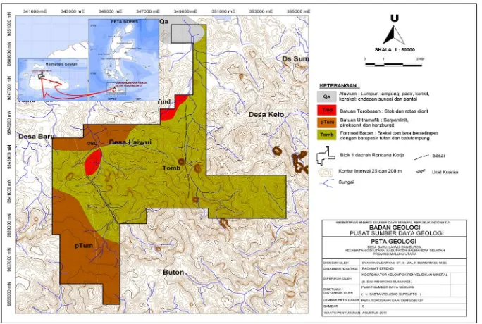 Gambar 3. Peta Lokasi Conto Batuan, Endapan sungai Aktif, Pendulangan, tanah dan hasil  Analisis Kimia Unsur Cu, Pb, Zn, Mn, Ag, Au Desa Wayaloar