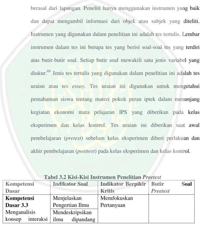 Tabel 3.2 Kisi-Kisi Instrumen Penelitian Preetest  Kompetensi 