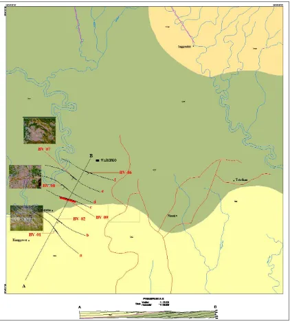 Gambar 4. Peta Geologi & Sebaran Bitumen daerah penyelidikan (Agus Subarnas 2014, Sumber : Soetrisno & Amiruddin, P3G 1995) 