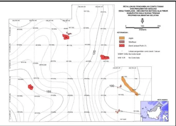 Gambar 5. Peta Geologi dan alterasi sekitar lokasi pengambilan conto tanah di desa Tandilang, Kecamatan Batang Alai Timur, Kabupaten Hulu Sungai Tengah