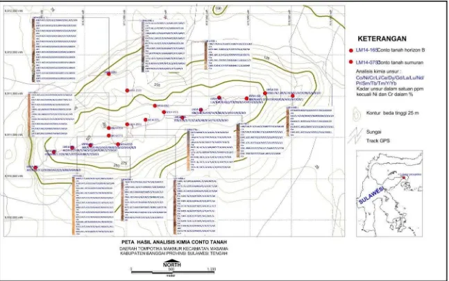 Gambar 4. Peta lokasi conto tanah dan hasil analisis kimia unsur daerah prospeksi Blok-1 