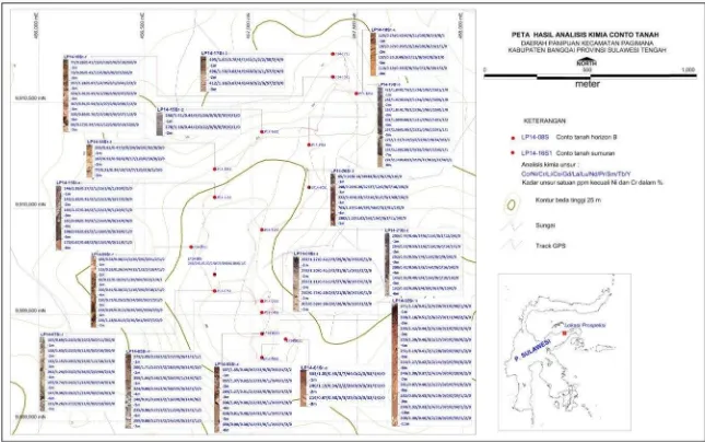 Gambar 5. Peta lokasi conto tanah dan hasil analisis kimia unsur daerah prospeksi Blok-2 