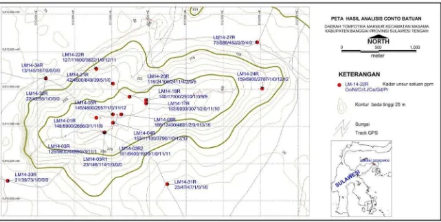 Gambar 6. Peta lokasi conto batuan dan hasil analisis kimia unsur daerah prospeksi Blok-1 