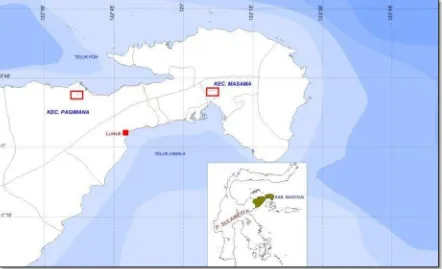 Gambar 1. Peta lokasi daerah prospeksi di Kabupaten Banggai, Provinsi Sulawesi Tengah terdiri dari Blok-1 (Kecamatan Masama) dan Blok-2 (Kecamatan Pagimana)
