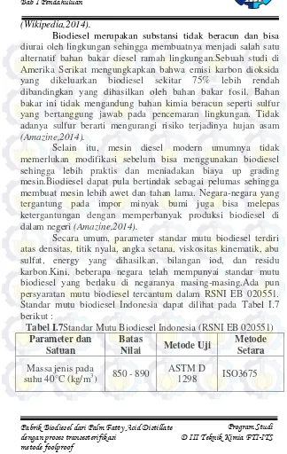 Tabel I.7Standar Mutu Biodiesel Indonesia (RSNI EB 020551) 