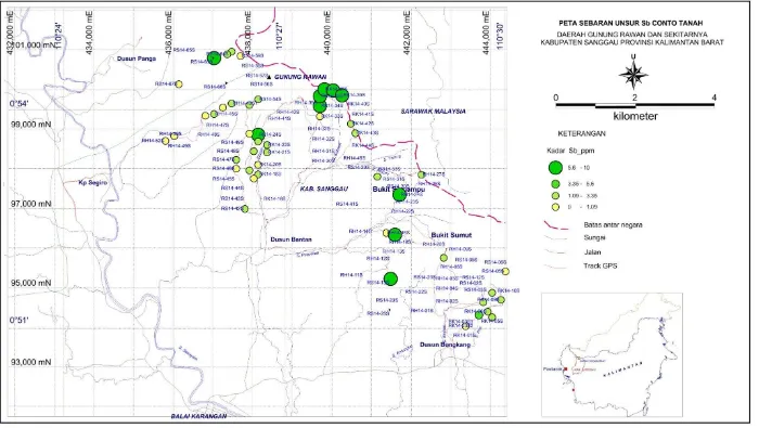 Gambar 9. Peta sebaran unsur Sb conto tanah daerah penyelidikan