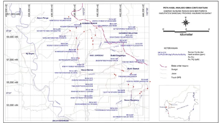 Gambar 10. Peta plotting hasil analisis kimia conto batuan daerah penyelidikan 